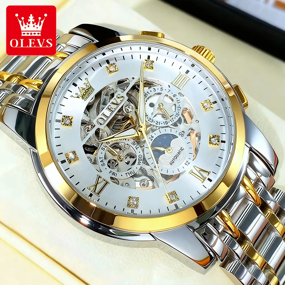 OLEVS Mode herren Uhren Top Marke Edelstahl Original Automatische Mechanische Armbanduhr Aushöhlen Selbst-winding Schwungrad