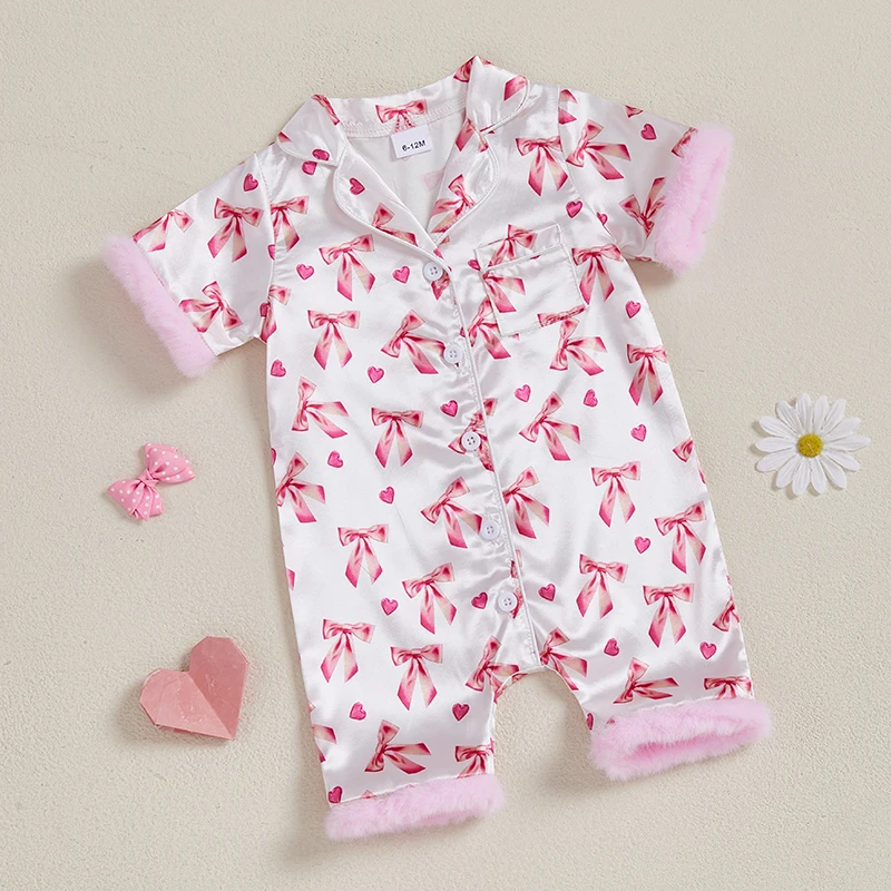 Infant  Jumpsuit PJs Floral Pattern Ruffle Trim Short Sleeves Collared Front Button Satin Nightwear Set