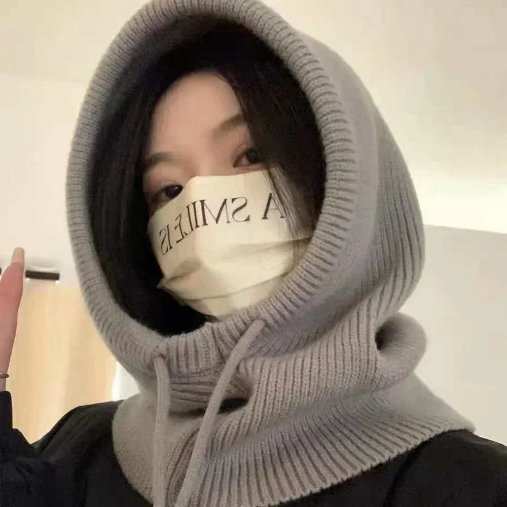 Winter Balaclava Hat Neck Thicken Warm Knitted Wool Pullover Hat Korean Women Cotton Ear Protection Pullover Hat Cap Accessories