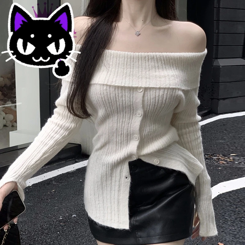 

2025 hot sale Women Autumn Knitted Sweater Korean Fashion Slash Neck Off Shoulder Long Sleeve Jumper Sexy Slim Single Breasted K