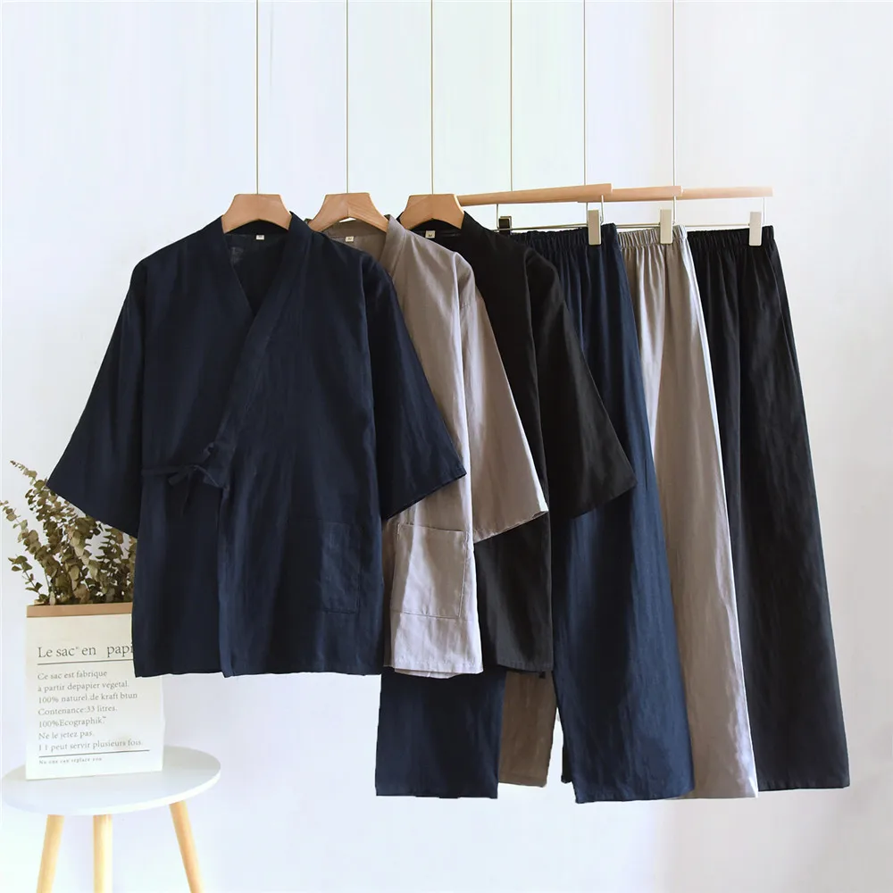 Men Traditional Japanese Pajamas Set Cotton Robe Pants Kimono Haori Yukata Soft Sleepwear Outfits