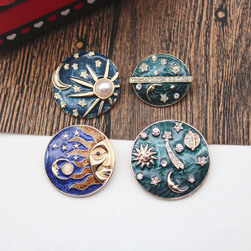 

Unique Celestial Jewelry Accessories Badge Pin Crystal Green Blue Enamel Starry Sky Planet Sun Moon and Star Brooch for Women