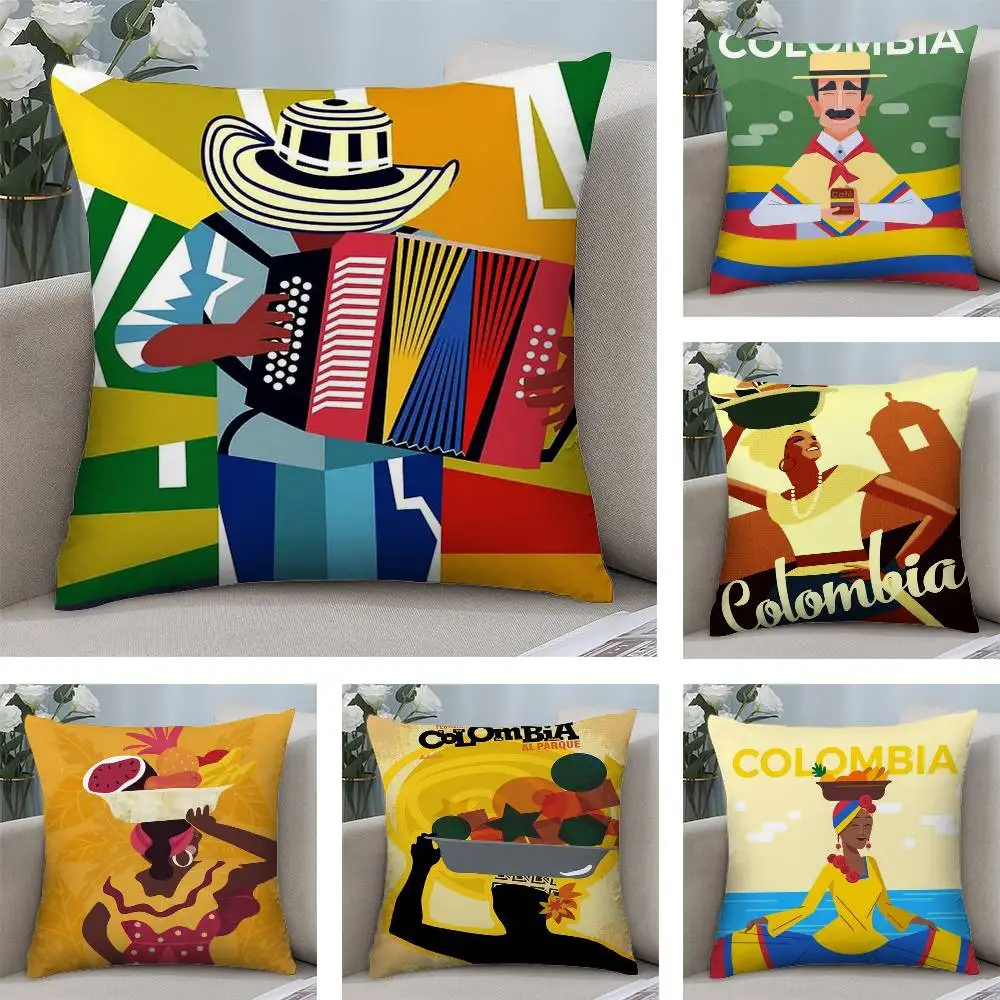 Funda de almohada Vintage con paisaje de Colombia, fundas de almohada cuadradas con estampado de doble cara de felpa corta, decoración de cojín para el hogar y el sofá