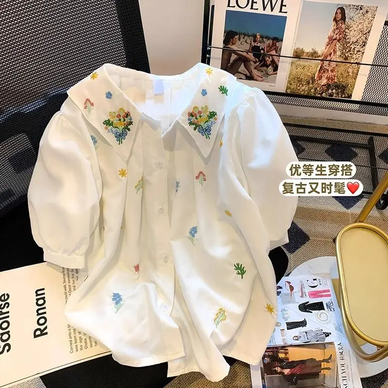

Embroidered Baby Collar Shirt Women Loose Unique Top