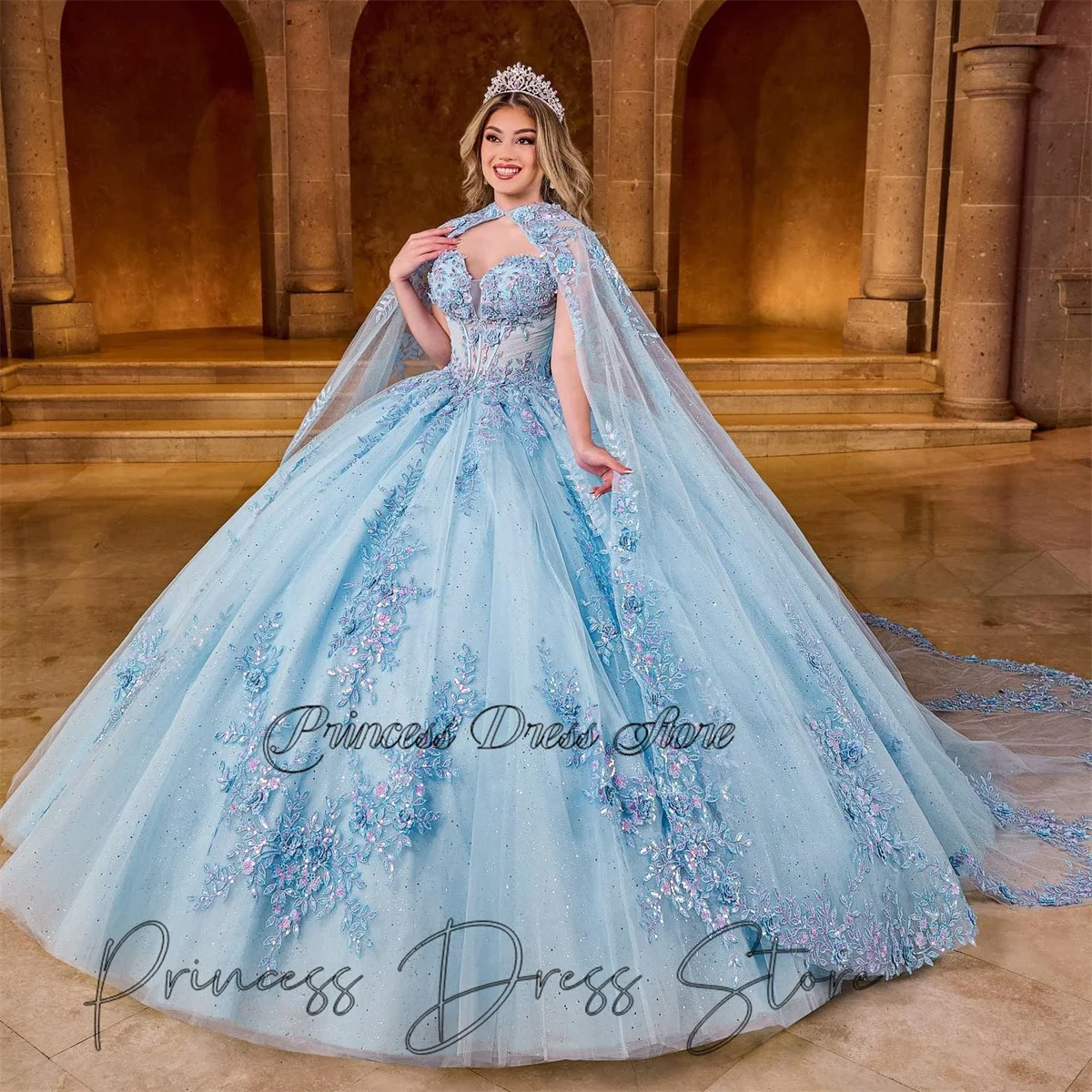 Vestido De quinnceañera De lentejuelas azules elegantes, vestido De baile De lujo, Apliques De encaje con cuentas, corsé De capa, dulce 16 Vestidos De 15 años