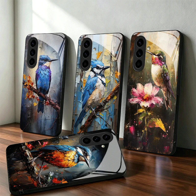 Bird Oil Painting Style Glass Phone Case for Samsung A17 A16 A15 A14 A13 A57 A56 A55 A54 A53 A37 A36 A35 A34 A33 A27 A26 A25 A24