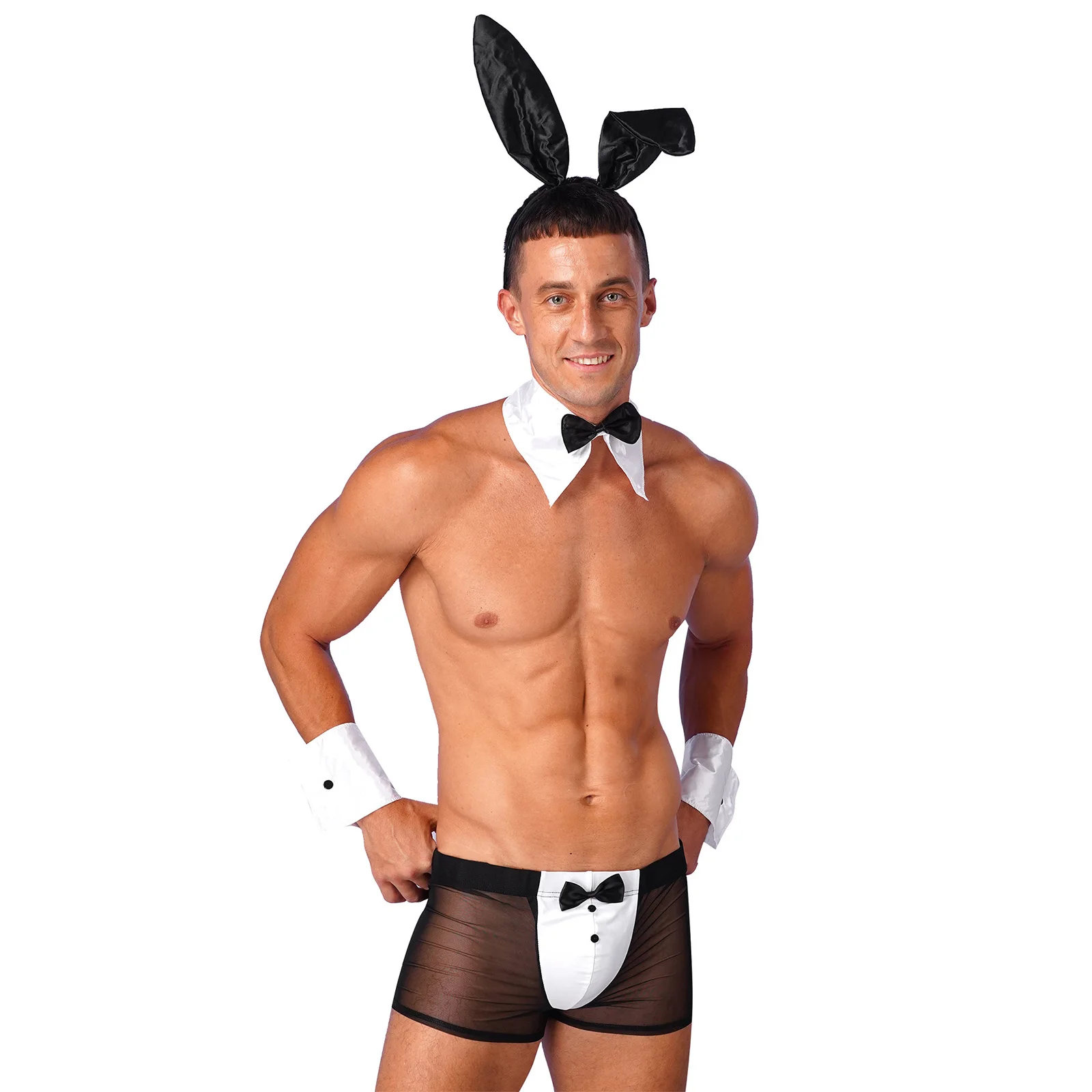 

Mens Waiter Tuxedo Uniform Sexy Bunny Girl Lingerie Gay Male Rave Costumes Boxer Briefs Rabbit Ears Headband Bowtie Collar Cuffs