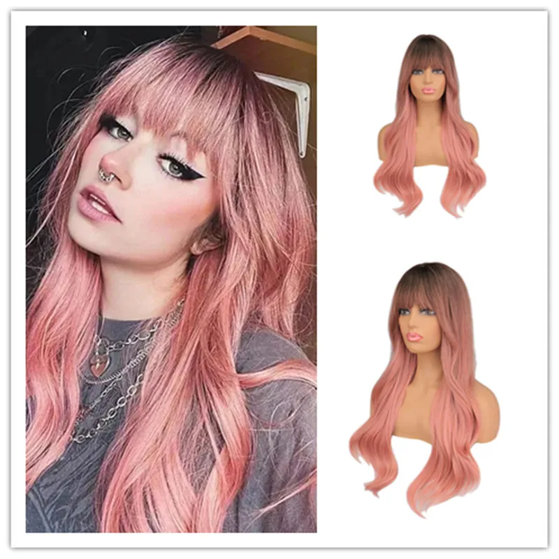 

WHIMSICAL W Long Wavy Wig Black to Pink Colorful Curly Wavy Hair Wigs Heat Resistant Synthetic Daily Party Cosplay Wig for Wo