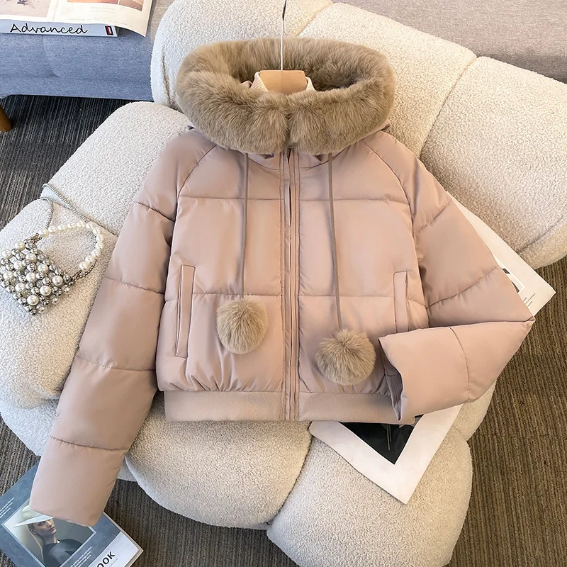 

Winter Women Hooded Cotton Jacket American Fake Fur Collar Plush Overcoat Casual Fashion Solid Color Female Warm Thicken Coat