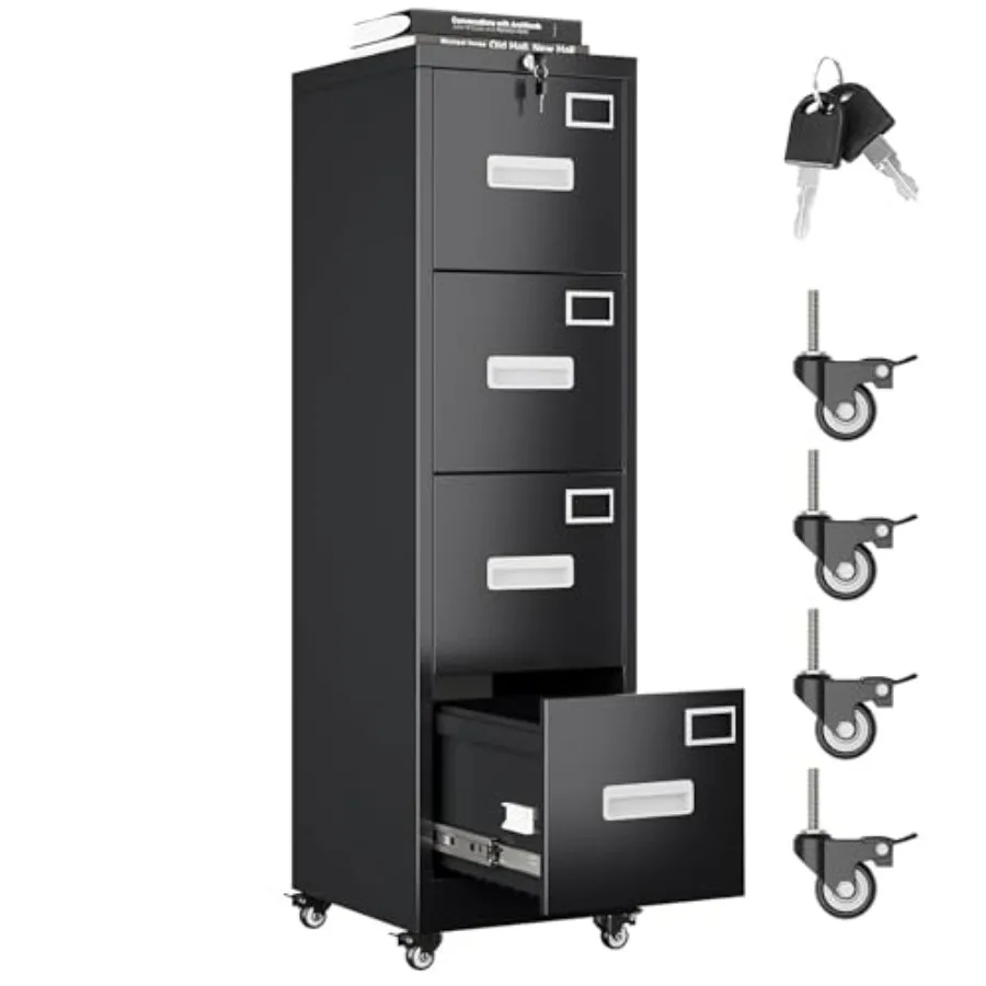 4 Drawer File Cabinet with Lock and Wheels, Metal Vertical Filing Cabinet with Anti-Tilt Interlock System for Home Office, Fits