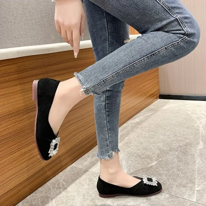

35-42 Womens Wide Width Flat Shoes Crystal Decor Square Toe Shallow Cut Soft Sole Spring Autumn French Style Fashion