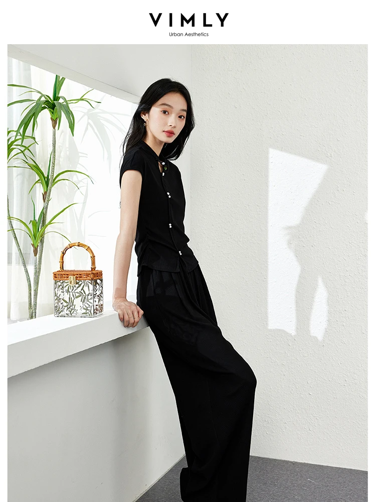 VIMLY Women\'s New Chinese Plate Button Set Summer Stand Collar Sleeveless Blouse Top+Elastic Waist Wide Leg Pants Two Piece Set