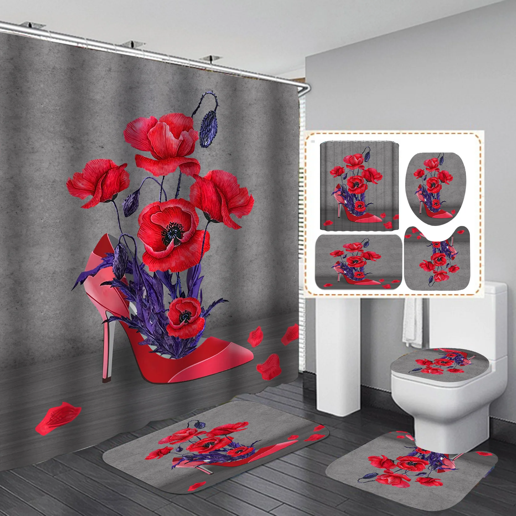 

Red High Heels and Flowers Shower Curtain Set with Bath Rug Carpet Mat for Toilet Home Decor Gift Bathroom Curtains with Hooks