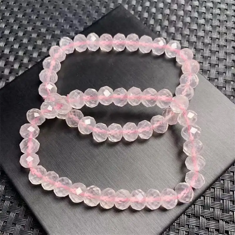 8MM Natural Rose Quartz Facted Bracelet Round Beads Crystal Reiki Healing Stone Fashion Jewelry Gift For Women Men