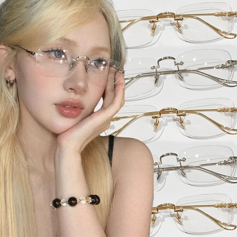 Women Transparent Square Rimless Shades Glasses Simply Causal Girls Eyewear Fashion Glasses Frameless Anti-blue Optical Eyeglass