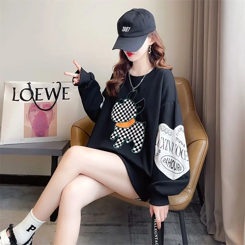 2024 Autumn Winter New Casual Korean Printing O-neck Long Sleeve Mid Length Top Femme Loose Cartoon Pullover T-Shirts Women\'s