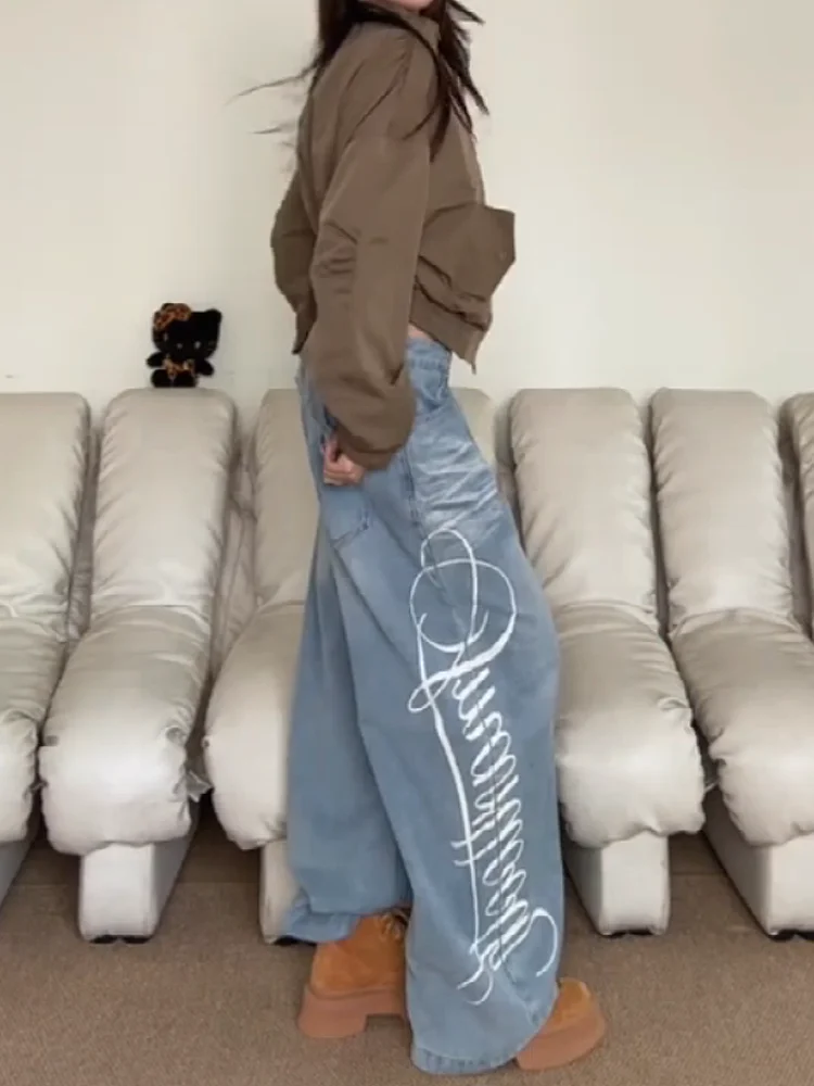 Sweet Cool Spicy Girl American Style Letter Print Curved Knife Jeans Women Loose Slim High Waist Wide Leg Floor-Length Pants