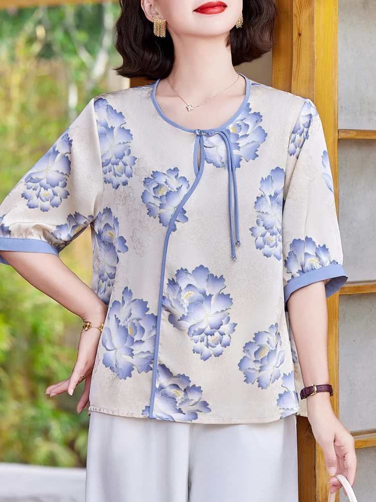 

Half Sleeve Shirt 2025 New Summer Chinese Style Woman Clothing Print Blusas Para Mujer Top Casual Loose Blouses For Women