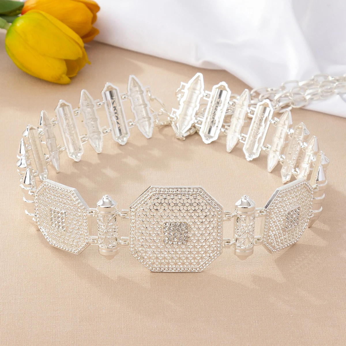 

Bridal Belt Jewelry Cutout Pattern With Rhinestone Metal Gold Plated Moroccan Wedding dWaist Chain Jewelry