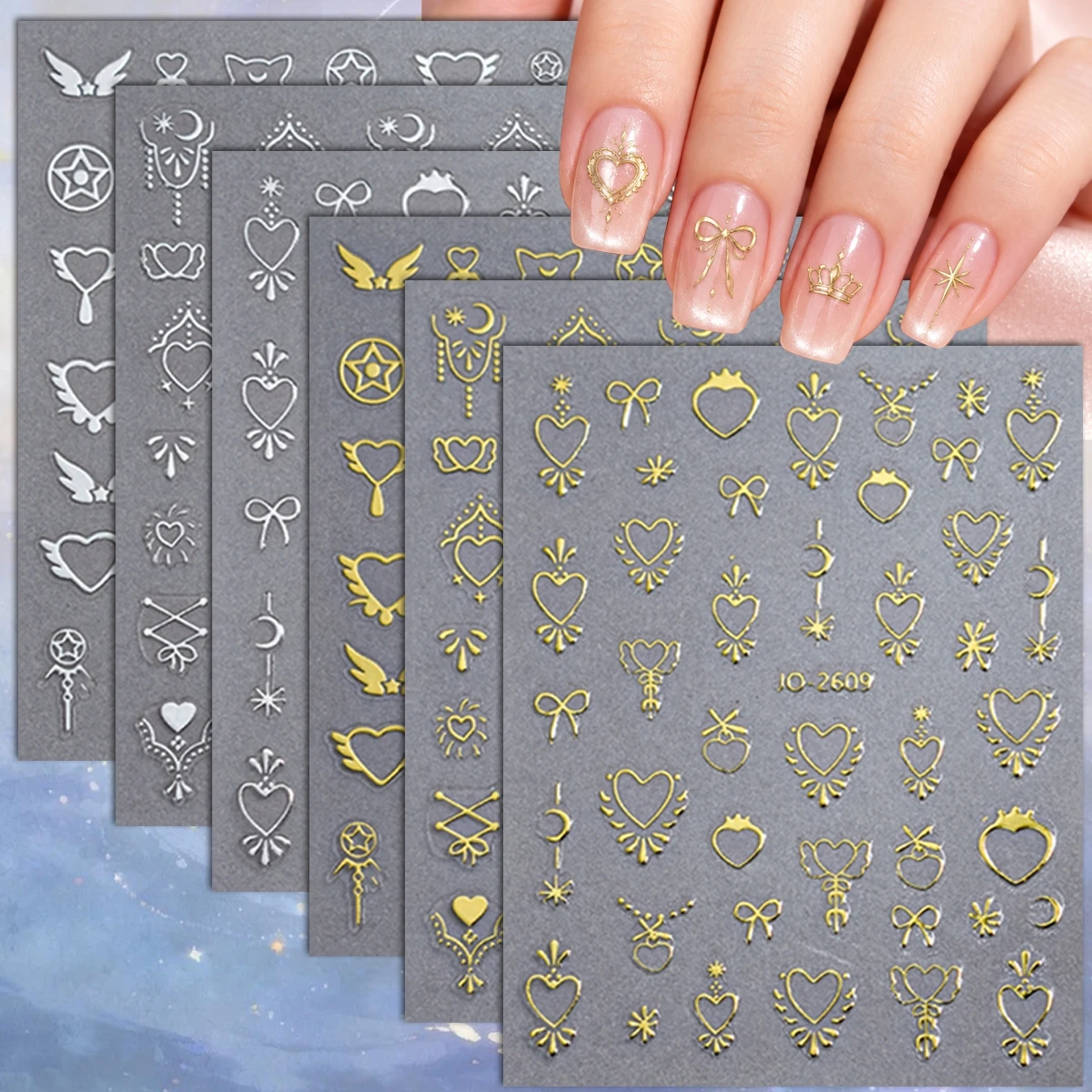 2 to 12 Sheets 3D Gold Silver Heart Bow Angel Wings Moon Star Celestial Coquette Self-Adhesive Nail Art Stickers