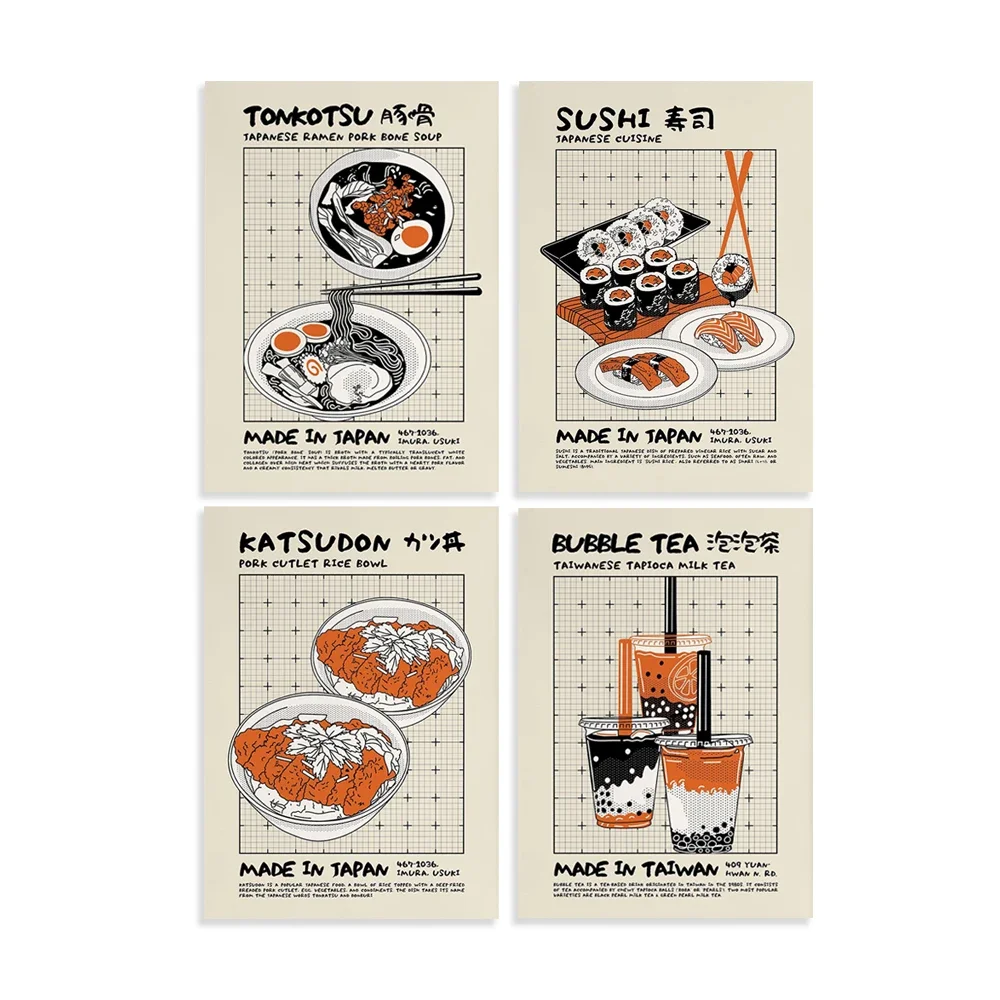 Retro Tonkotsu Ramen,Bubble Milk Tea,Sushi Roll Sashimi Wall Art Nostalgic Japanese Asian Food Trendy Modern Kitchen Decor