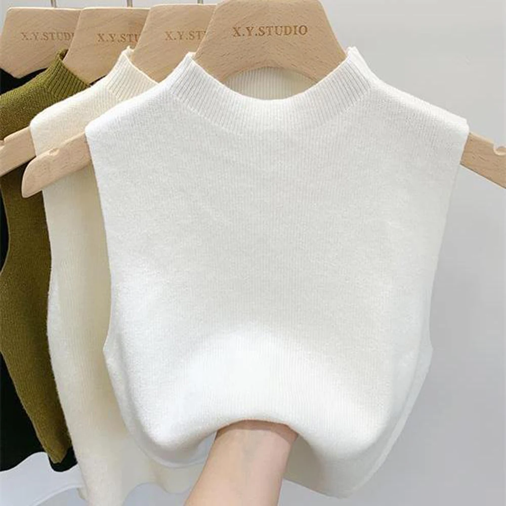 2024 New Women Girls Sweater Camisole Knitted Cropped Solid Warm Tees Tops Tank Vest T-Shirt Women Half-turtleneck O-Neck