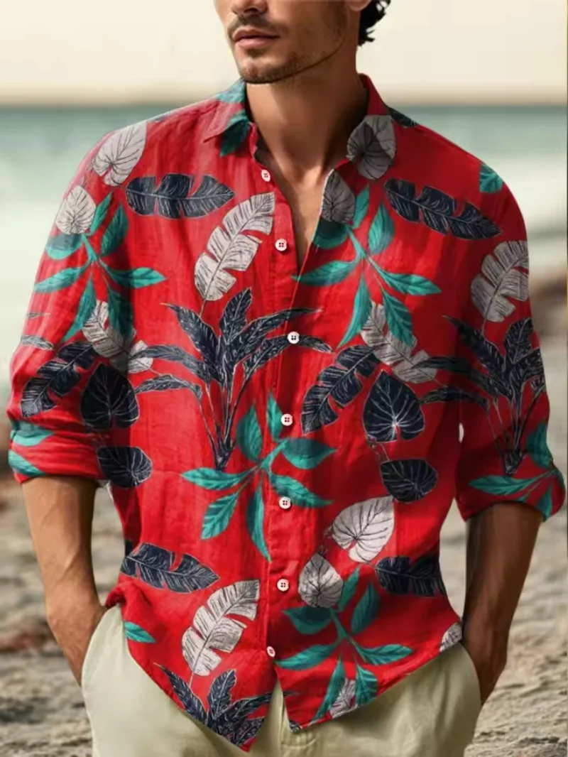 2026 new men's plant printed long sleeved linen shirt, various styles, fashionable and versatile, loose and casual seaside vacat