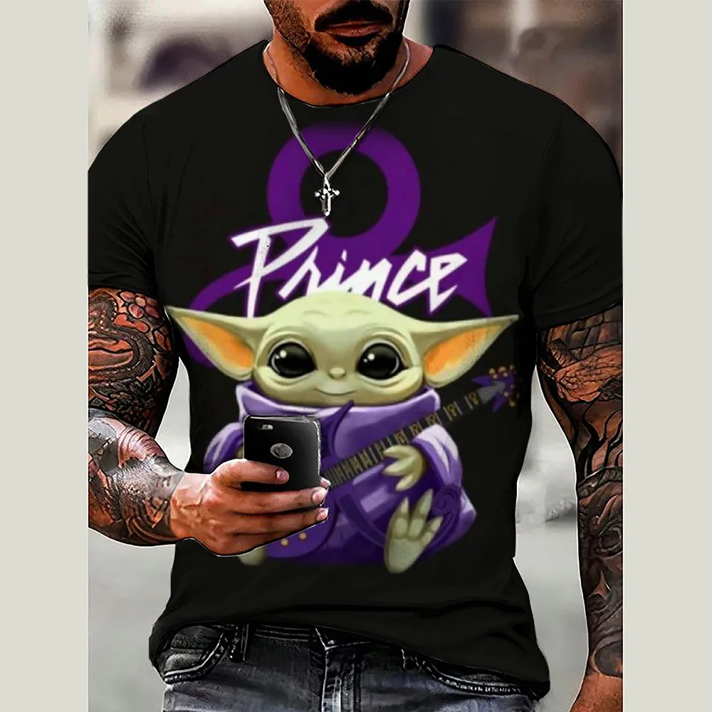 Summer T Shirt Marvel Yoda Baby PrintShort Sleeve Streetwear Oversized Tops Casual Outfits Fashion Black and White Men\'s Tee