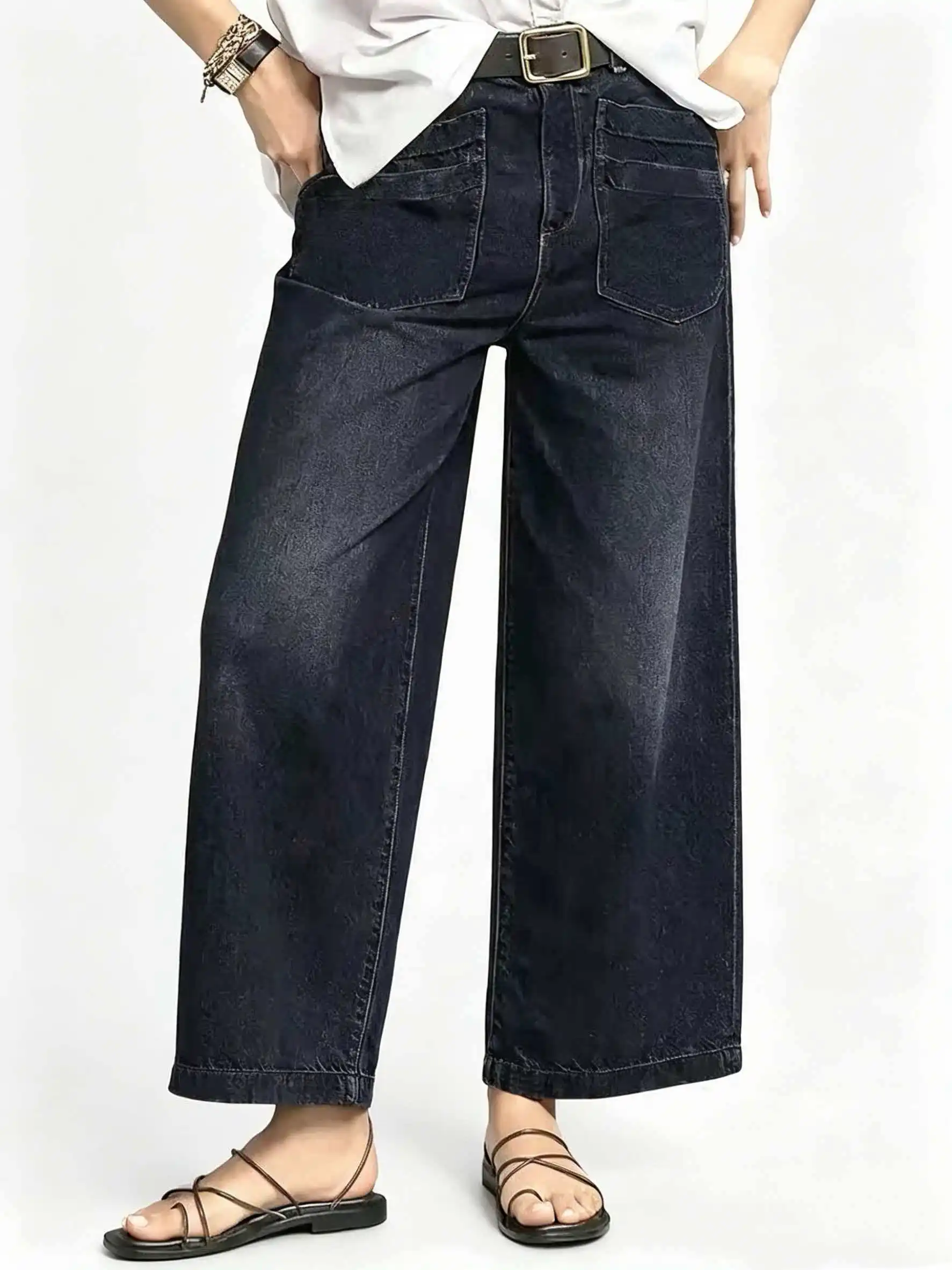 

Black High-Waist Wide-Leg Denim Pants with Large Pockets Loose Fit Draping Style Jeans No Belt Included