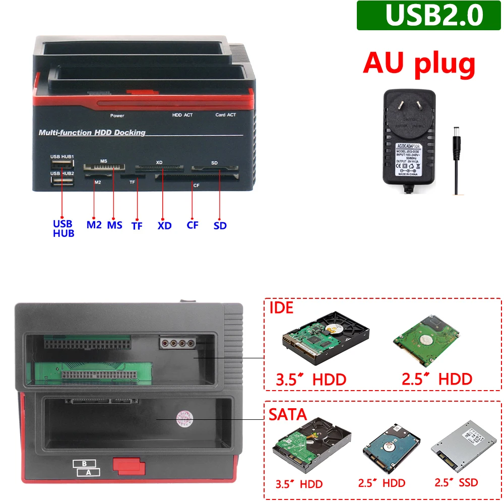 Dockingstation voor harde schijf 2,5 3,5 inch SATA IDE HDD SSD-lezer Dubbele slots USB Externe schijf Box Behuizing behuizing hd externo