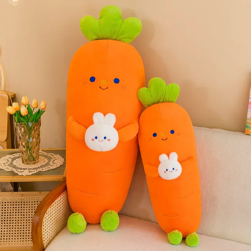 Cute Cartoon Carrot Pillow Dolls para crianças, brinquedos macios de pelúcia, tamanho grande, sorriso de planta, coelho, vegetal, presente