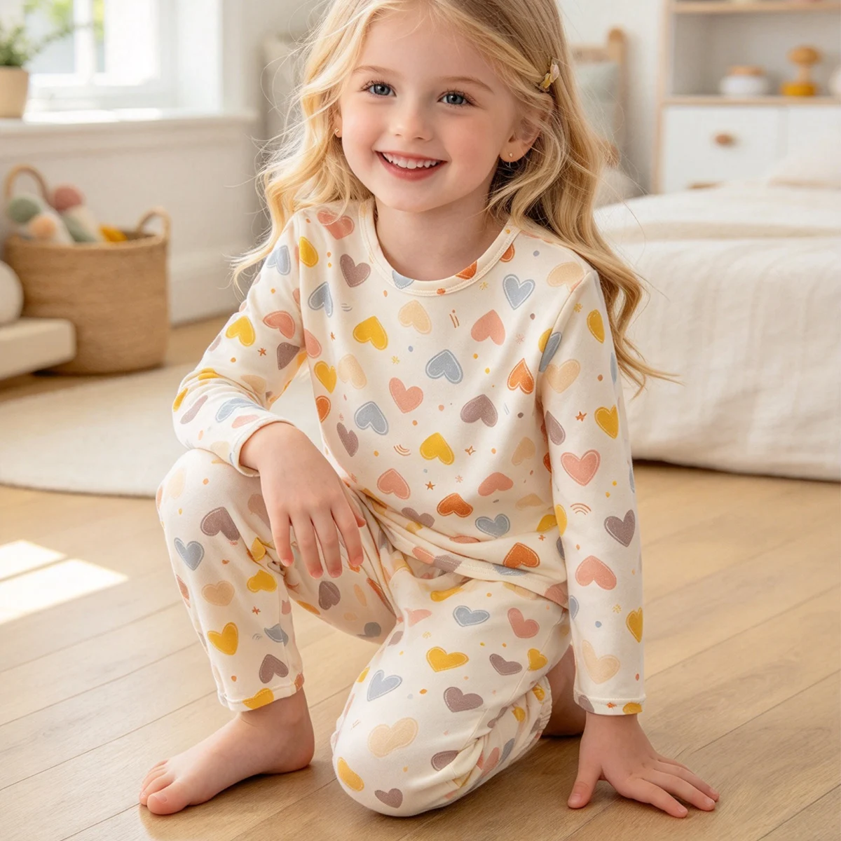 2-piece Autumn And Winter Children's Sweet Love Printed Long Sleeve Pants Set Cute Home Clothes Comfortable Sleepwear for Girls