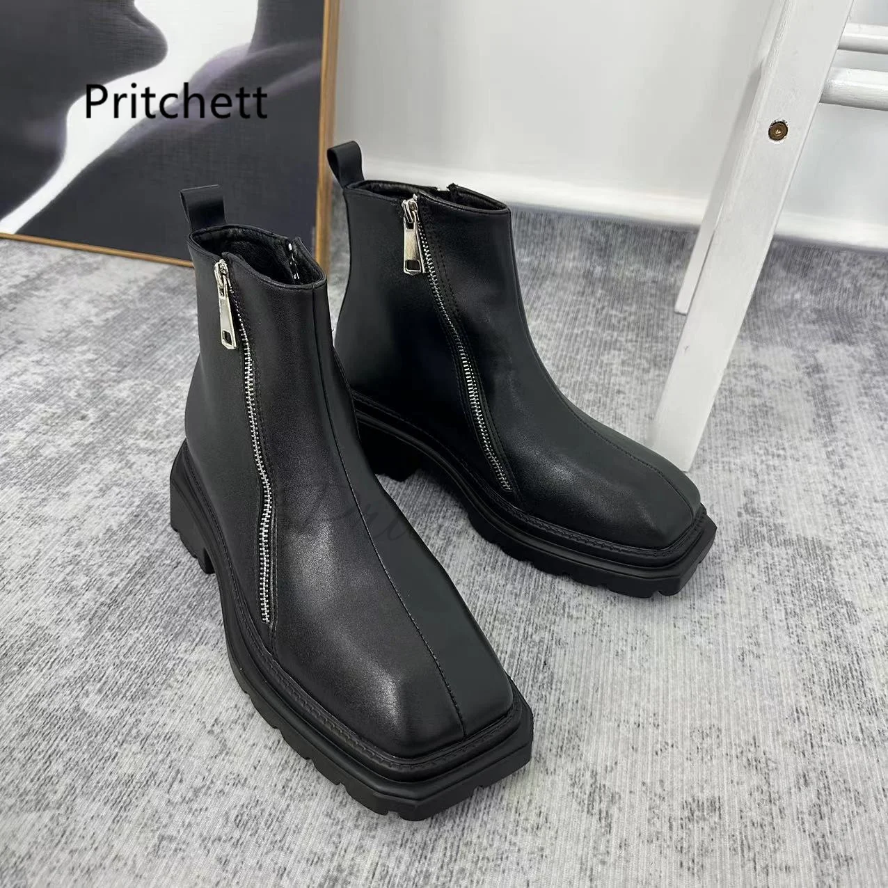 

Leather Chelsea Ankle Boots for Women Work Safety Shoes for Men British Style Thick Bottom Zip Black Neutral Couple Shoe Male