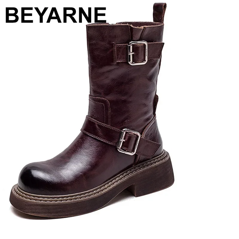 

5cm ROME British Genuine Leather Knee ZIP Spring High Boots Winter Plush Platform Wedge Motrocycle Autumn Women Shoes