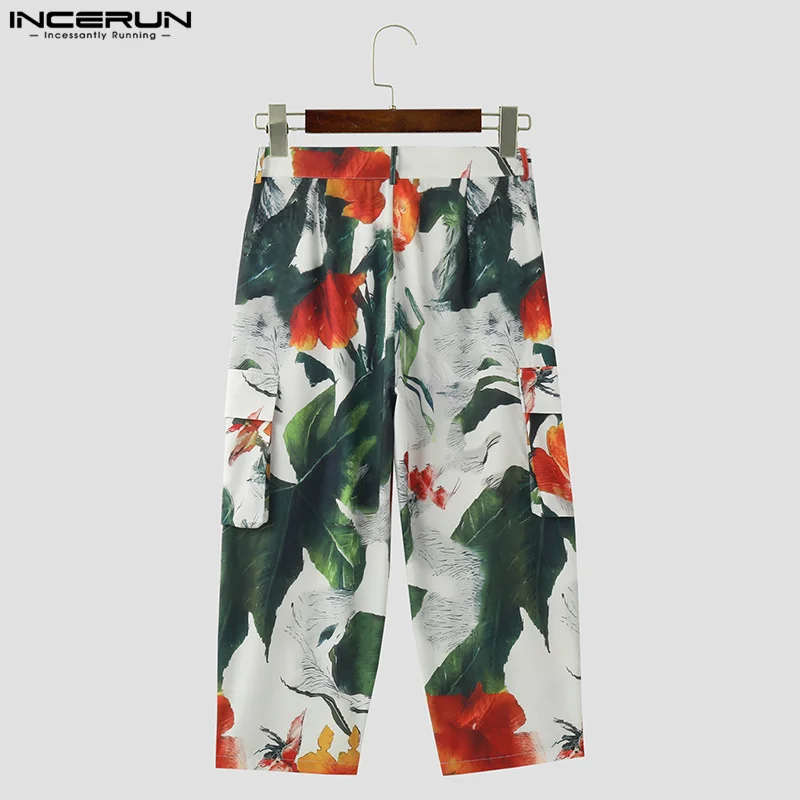 INCERUN 2024 Korean Style New Men\'s Trousers Loose Floral Leaf Printing Long Pants Fashion Personality Hot Sale Pantalons S-5XL