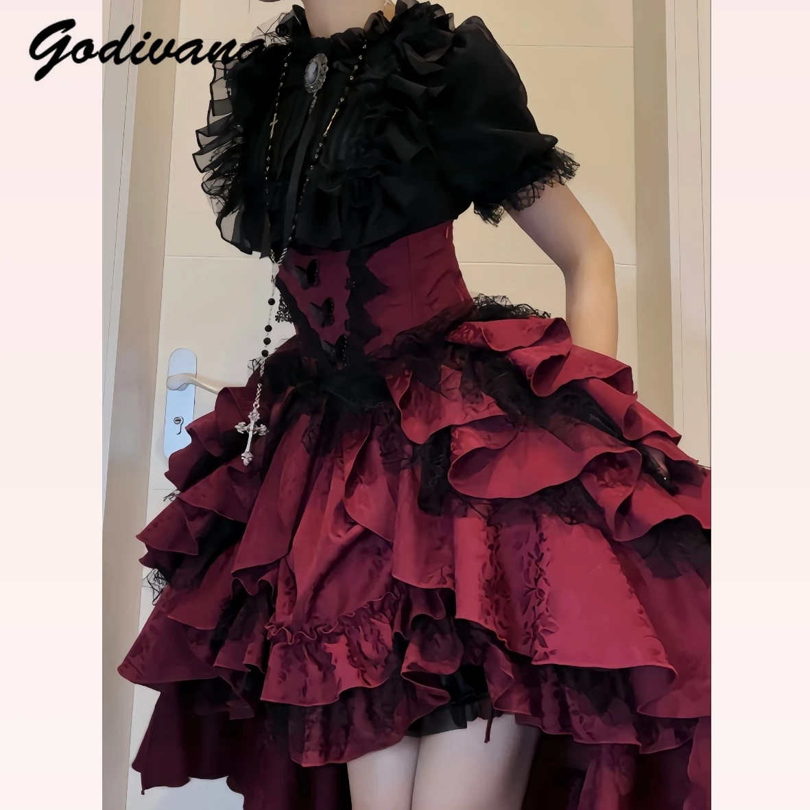 

Японский комплект юбки в стиле Лолиты в темно-готическом стиле, новые весенне-осенние женские рубашки с короткими рукавами на Хэллоуин, пышные юбки с высокой талией