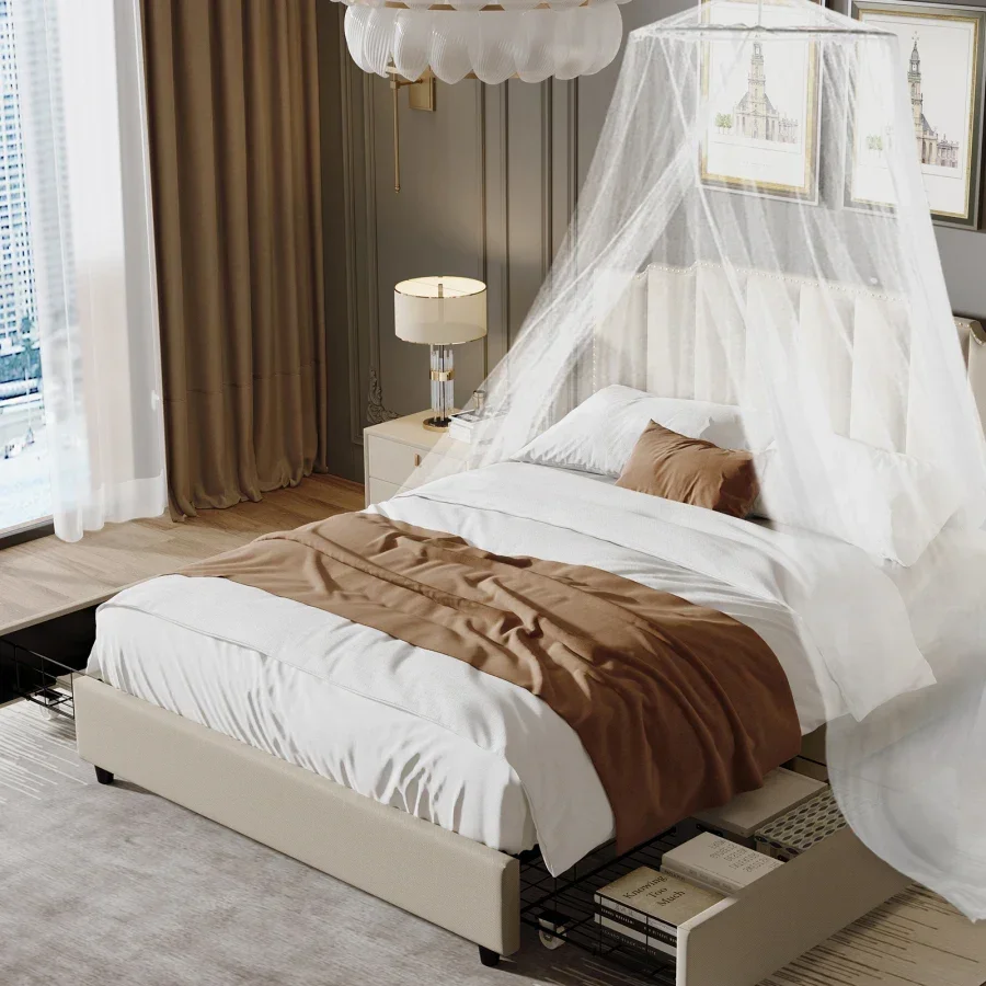 إطار سرير منجد ذو نعل سميك بتصميم مسامير ممتازة بحجم كوين مع لوح رأسي مبطن مخيط، مناسب لغرفة النوم