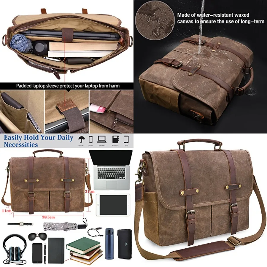 Mens Messenger Bag 15.6 Inch Waterproof Vintage Genuine Leather Waxed Canvas Briefcase Large Leather Computer Laptop Bag Rugged Satchel Shoulder Bag, Brown