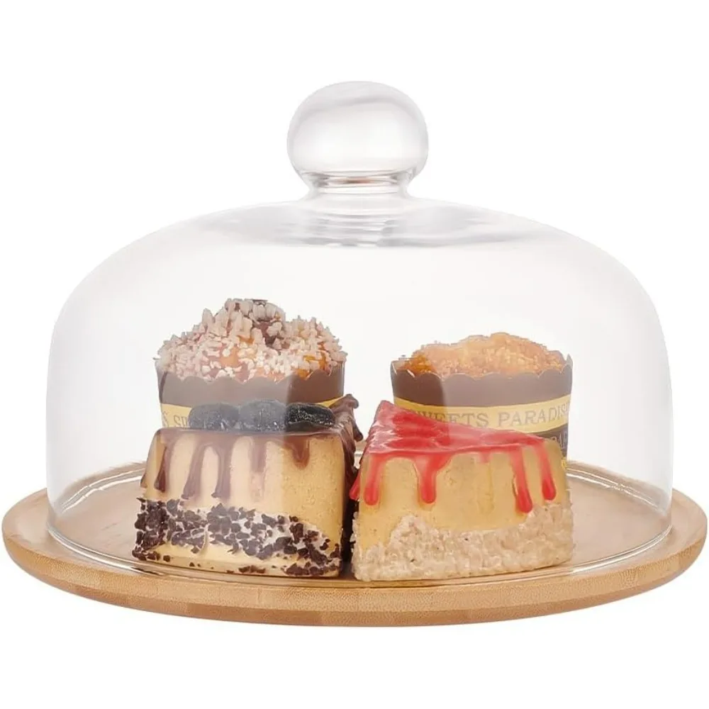 

1 Pcs Cheese Cloche Dome 25x17.5cm/9.84x6.89 Inch Display Server Tray Glass Dessert Plate Clear Bell Stand with Wood