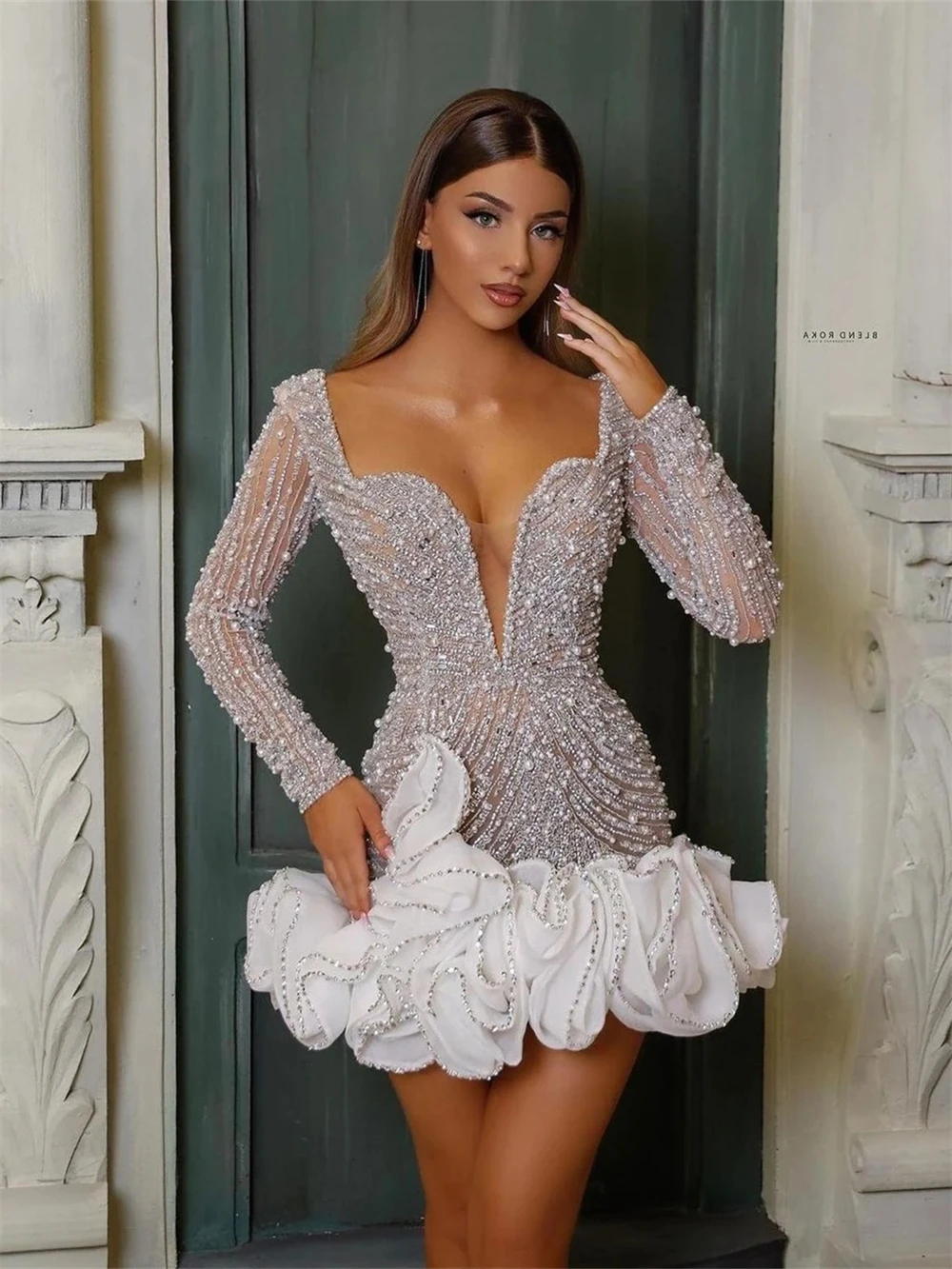 

Luxurious Beaded Evening Dress 2024 Glamorous Long Sleeve Bridal Dress Classic A-Line Knee Length Gown Vestido De Novia