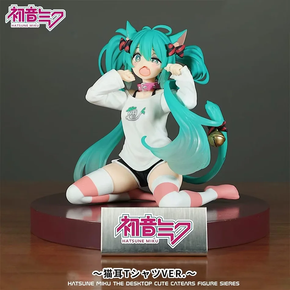 Anime Hatsune Miku Figure Cute Cat Ear T-shirt Ver, 11cm PVC Sitting Model Desktop Decoration Collectible Toy Gift