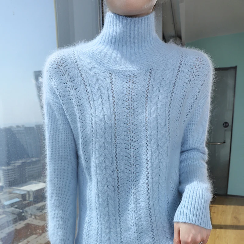 Ladies Turtleneck 2024 Autumn/Winter Cashmere Sweater Women's Hollow-Out Solid Color Pullover Top Fashion Warm Knit Long Sleeves