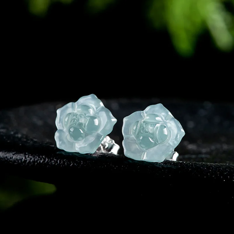 Original Natural A-grade Jade Blue Water Peach Blossom Earrings Ice Jade Petals S925 Silver Inlaid Antique Style Women\'s Jewelry