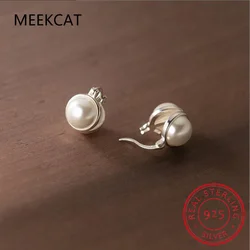 925 Sterling Silver Double Layer Ear Buckles Minimalist Round Pearl Hoop Earrings for Women Girls Original Design Fine Jewelry