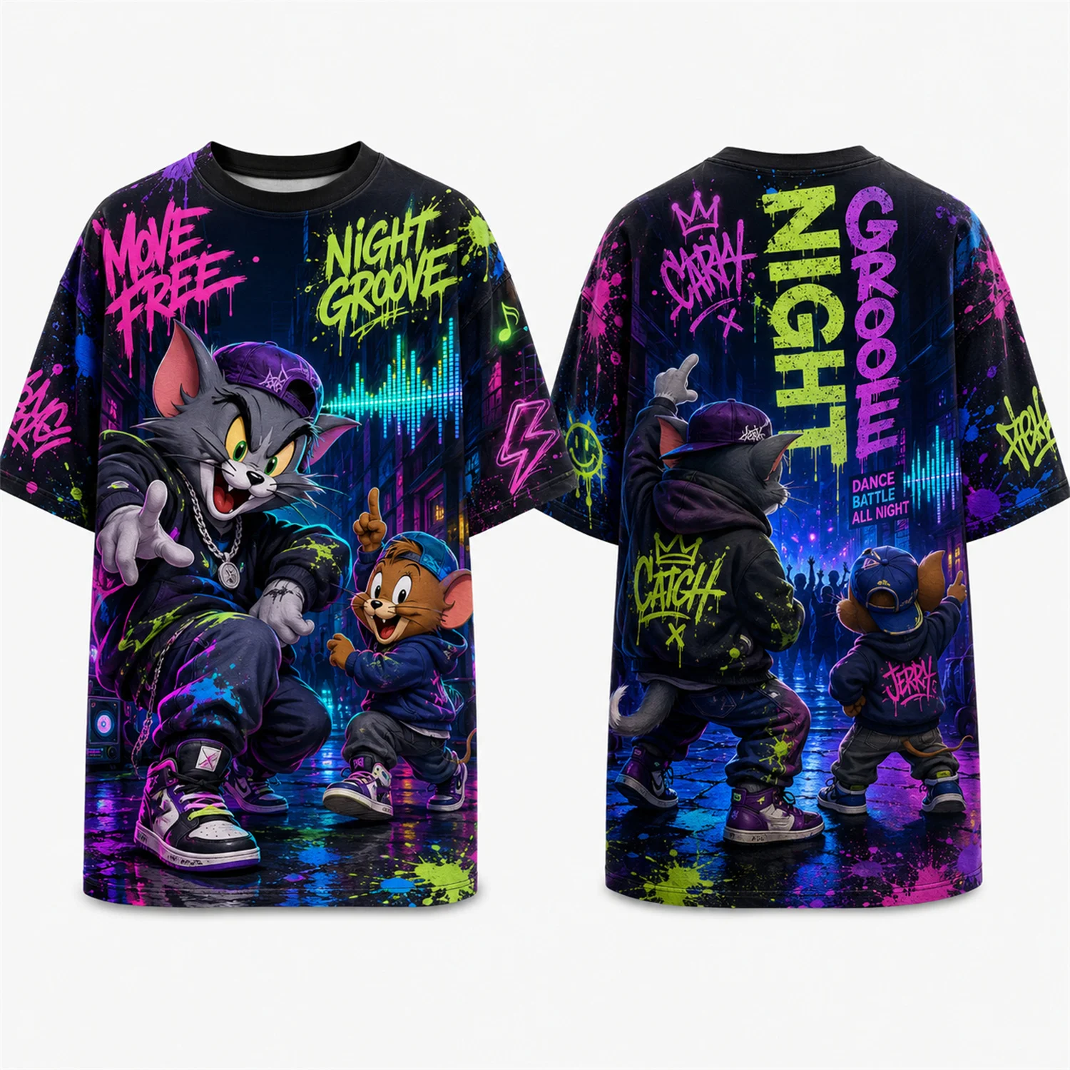 Skateboard Tom And Jerry Graffiti Print Loose Short Sleeve T Shirt For Men Women Fans Soft Cotton Street Hip Hop Casual Daily We view 4