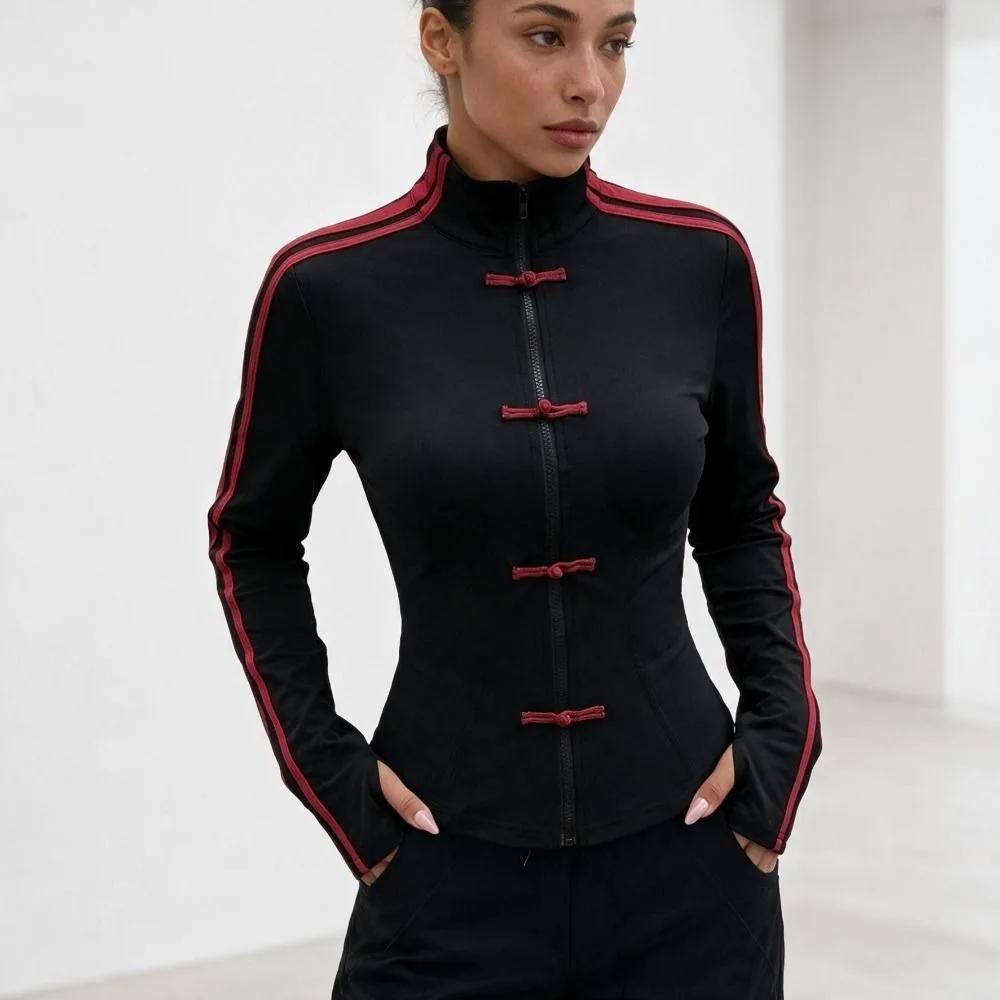 Slim Fit Frog Button Jacket Striped Pattern Long Sleeve Casual Coat Y2K Aesthetic with Thumb Hole Cropped Sweatshirts