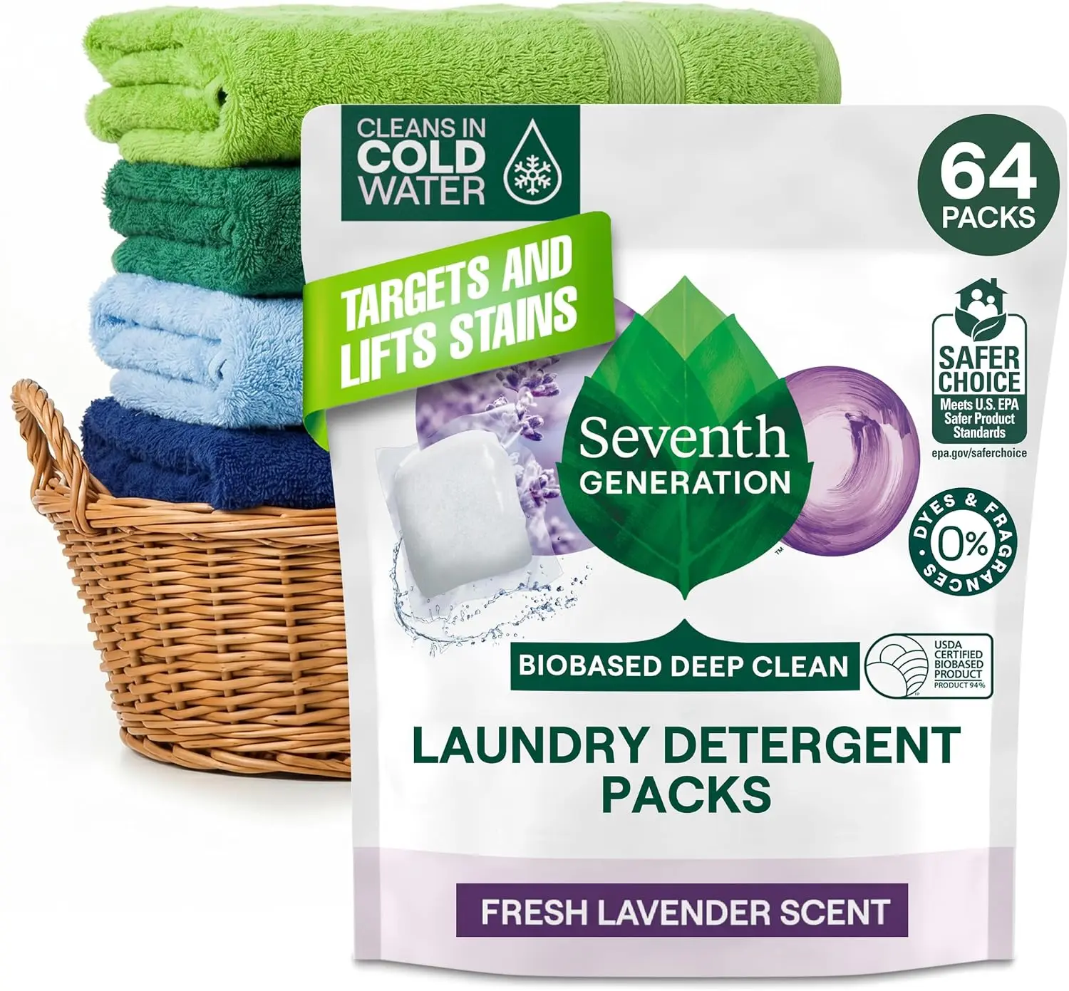 Laundry Detergent Packs Lavender Scent Biobased Deep Cleaning EPA Safer Choice 64 Pack