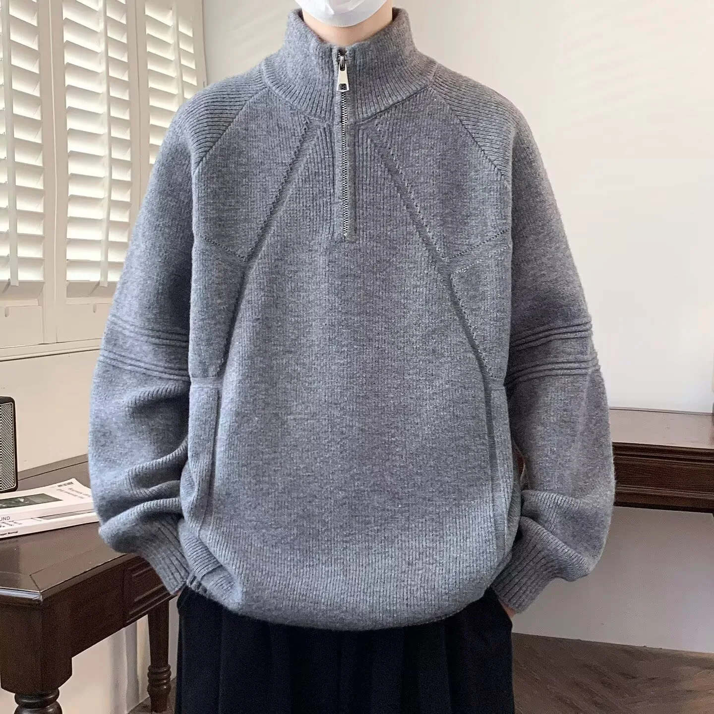 

Autumn Winter Large Size Zipper f High Collar Men's Knitted Loose Casual Faionable Stand Collar Sweater Polyester Fiber