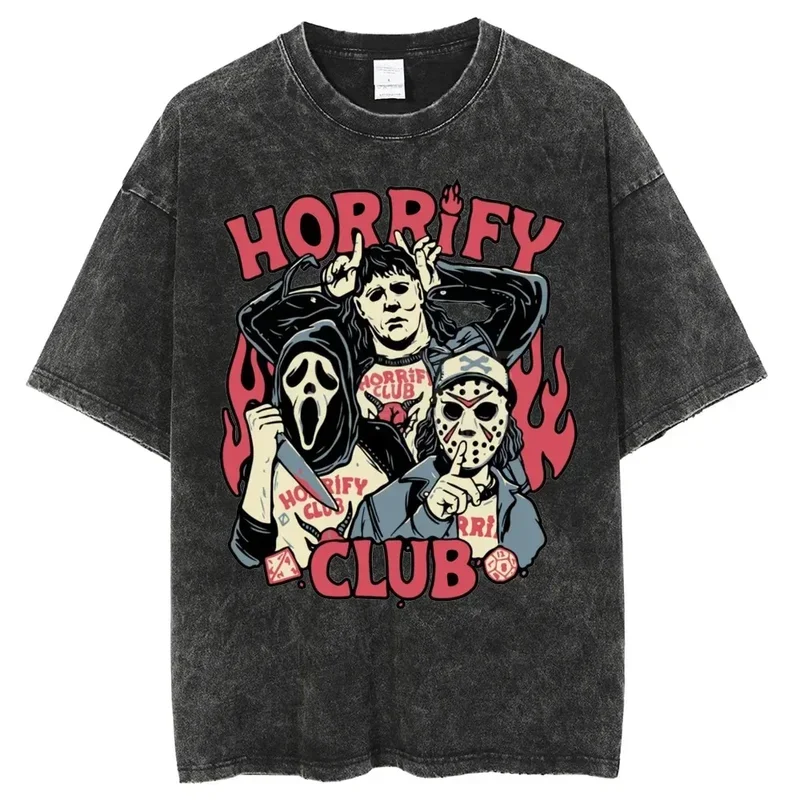 Anime Horrify Club Pussy Printed Washed T Shirt For Unisex, 100% Cotton Tops Tees, Hip Hop Male Tshirt, Short Sleeve Streetshirt