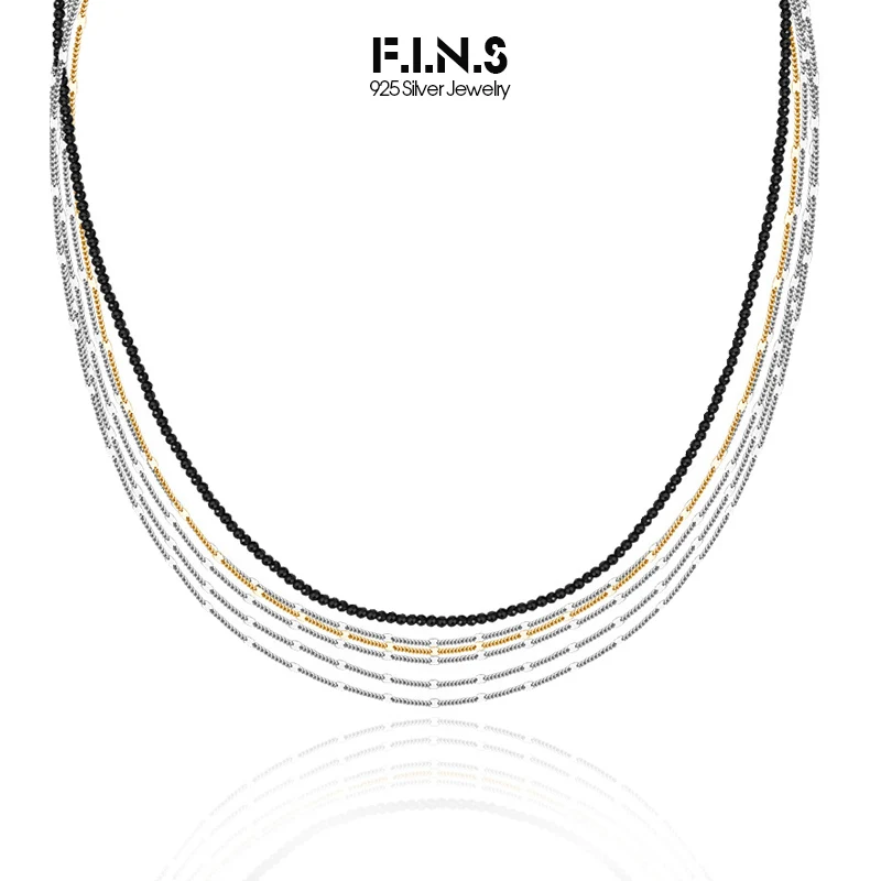 F.I.N.S S925 Sterling Silver Color Blocking Multi-Layer Necklace Black Beads Gold Link Chain Clavicle Fine Jewelry Accessories